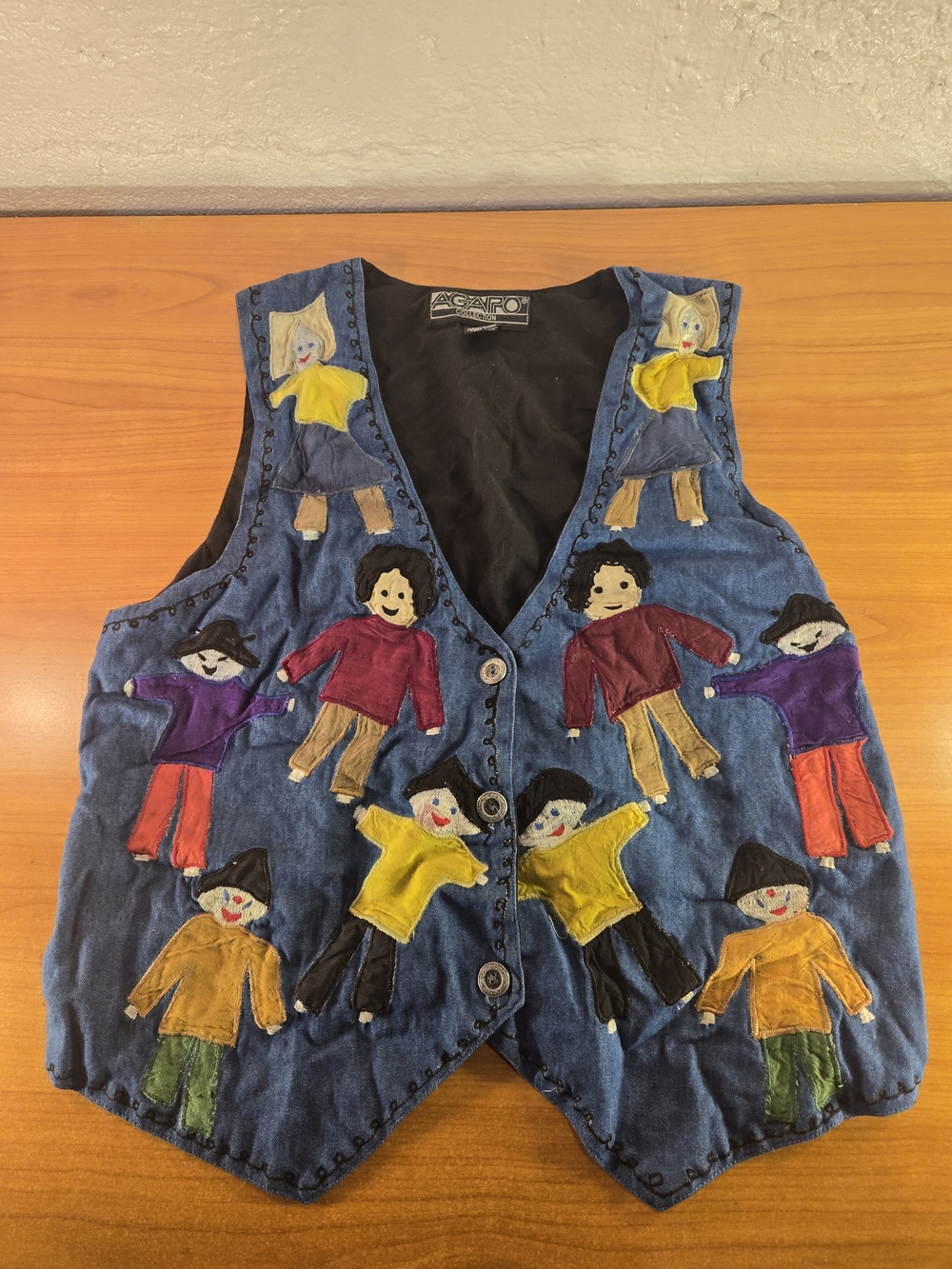 Vintage Agapo Collection Denim Vest with Hand-Appliquéd Dolls, Size L